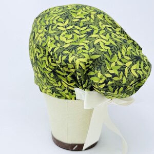 Floral Euro Scrub Cap with Ties. Plant leaf European Satin Lined option scrub caps for women.