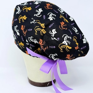 Skelly Cat Euro Scrub Cap with Ties. European Satin Lined option scrub caps for women. Halloween scrub cap.