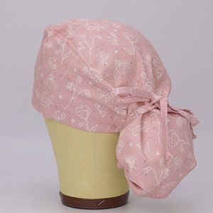 Ponytail Scrub Cap - Pink & White Line Surgical Cap for Women with Satin Lined Option.