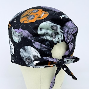 Pirate Men&#39;s Scrub Cap with Tie Back, Skull tie-back style surgical Scrub Hat. Halloween scrub cap.