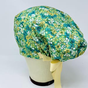 Floral Euro Scrub Cap with Ties. Summer European Satin Lined option scrub caps for women. Green.