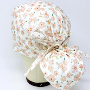 Pink flower Ponytail Scrub Cap - Summer Surgical Cap for Women with Satin Lined Option.