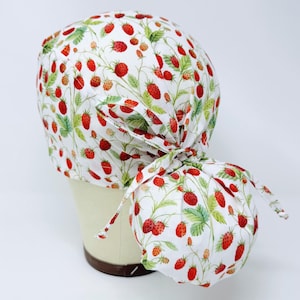 Strawberry Ponytail Scrub Cap - Spring Surgical Cap for Women with Satin Lined Option.
