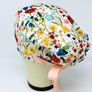 Flower Euro Scrub Cap with Ties. Spring European Satin Lined option scrub caps for women.