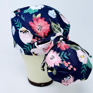 Floral Ponytail Scrub Cap for Women Satin Lining – Dark Blue Surgical Cap for Long Hair. Scrub hats for women.