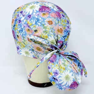 Colorful Flowers ponytail scrub cap - Floral Surgical Cap for Women with Satin Lined Option.