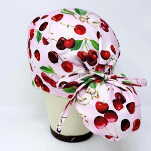Cherries Ponytail Scrub Cap for Women – Pink Surgical hat for Long Hair with Satin Lining.