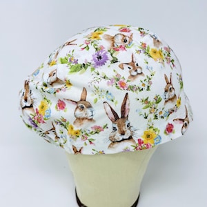 Easter Euro Scrub Cap with satin lined. Bunny Surgical Hat for Women. European Surgical scrub caps.