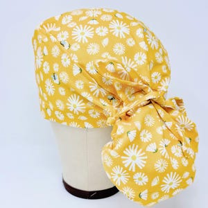Floral Ponytail Scrub Cap - Daisy Surgical Cap for Women with Satin Lined Option. Yellow