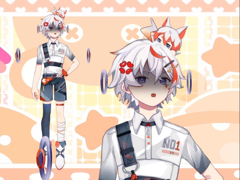 Peut inclure: Un personnage d'anime aux cheveux blancs avec des accents rouges et un petit renard blanc sur la t&ecirc;te. Le personnage porte une chemise blanche avec une sangle noire et le texte "NO1" sur le devant. Le personnage a un bandeau rouge et blanc et un autocollant en forme de c&oelig;ur rouge et blanc sur la joue.