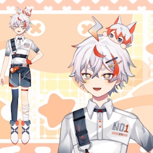 Peut inclure: Un personnage d'anime blanc et rouge avec des cheveux blancs et des reflets rouges. Le personnage porte une chemise blanche avec une sangle noire et une ceinture rouge et noire. Le personnage a un petit renard blanc et rouge sur la t&ecirc;te. Le personnage porte des chaussures blanches avec des accents rouges. Le personnage a un motif rouge et noir sur sa chemise qui dit "NO1".