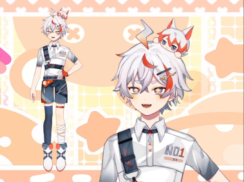 Peut inclure: Un personnage d'anime blanc et rouge avec des cheveux blancs et des reflets rouges. Le personnage porte une chemise blanche avec une sangle noire et une ceinture rouge et noire. Le personnage a un petit renard blanc et rouge sur la t&ecirc;te. Le personnage porte des chaussures blanches avec des accents rouges. Le personnage a un motif rouge et noir sur sa chemise qui dit "NO1".