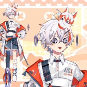 Peut inclure: Un personnage d'anime aux cheveux blancs avec des reflets rouges et une veste rouge et blanche. Le personnage a un petit renard blanc sur la t&ecirc;te et porte une chemise blanche avec le texte "NO1" dessus. Le personnage a un motif en spirale dans les yeux.