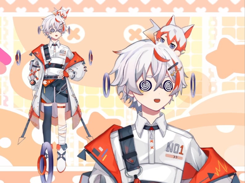 Peut inclure: Un personnage d'anime aux cheveux blancs avec des reflets rouges et une veste rouge et blanche. Le personnage a un petit renard blanc sur la t&ecirc;te et porte une chemise blanche avec le texte "NO1" dessus. Le personnage a un motif en spirale dans les yeux.