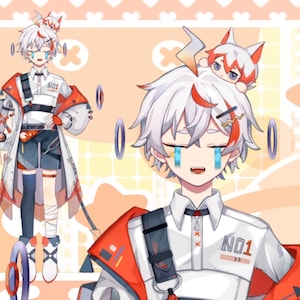 Peut inclure: Un personnage d'anime aux cheveux blancs avec des accents rouges, portant une chemise blanche avec un col noir et une veste rouge et noire. Un petit renard en peluche rouge est sur sa t&ecirc;te. Le personnage a les yeux bleus et un petit sourire. Le texte "NO1" est sur la veste.