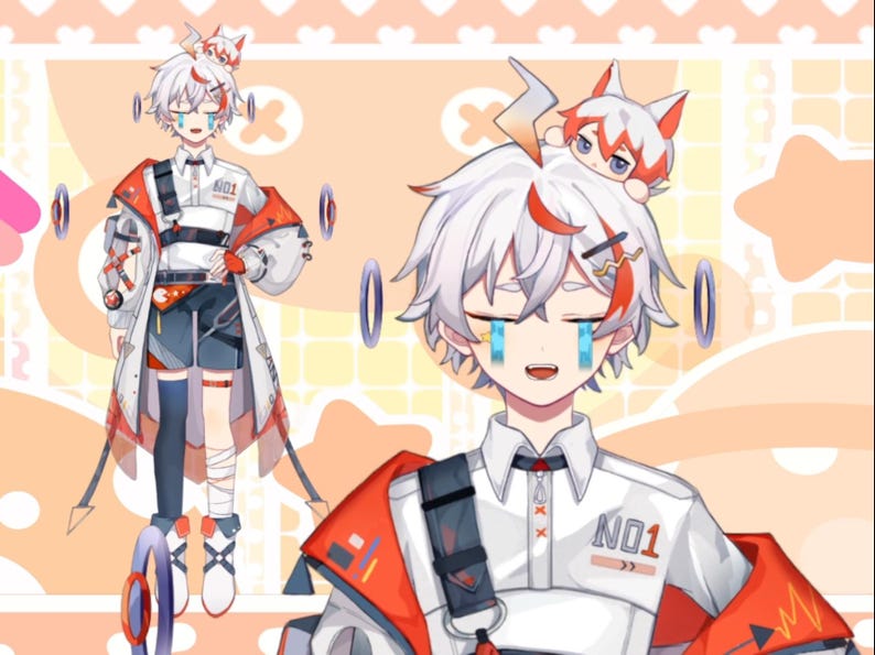 Peut inclure: Un personnage d'anime aux cheveux blancs avec des accents rouges, portant une chemise blanche avec un col noir et une veste rouge et noire. Un petit renard en peluche rouge est sur sa t&ecirc;te. Le personnage a les yeux bleus et un petit sourire. Le texte "NO1" est sur la veste.