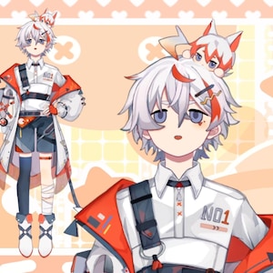 Peut inclure: Un personnage d'anime aux cheveux blancs avec des accents rouges dans ses cheveux et ses v&ecirc;tements. Il porte une chemise blanche avec une sangle rouge et noire, une veste rouge et un pantalon noir. Le personnage a un petit renard rouge sur la t&ecirc;te. Le personnage porte une chemise blanche avec le texte "NO1" dessus.