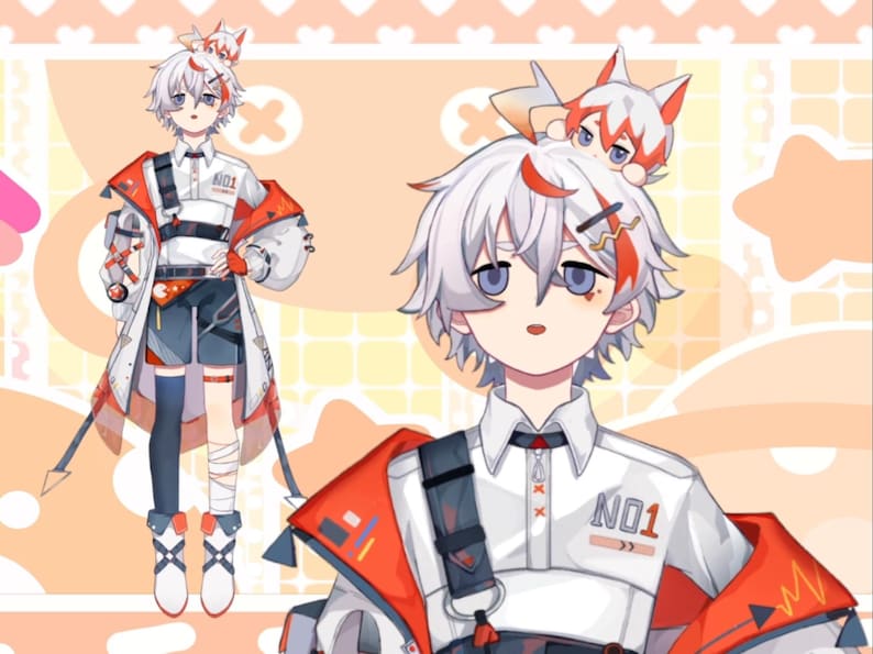 Peut inclure: Un personnage d'anime aux cheveux blancs avec des accents rouges dans ses cheveux et ses v&ecirc;tements. Il porte une chemise blanche avec une sangle rouge et noire, une veste rouge et un pantalon noir. Le personnage a un petit renard rouge sur la t&ecirc;te. Le personnage porte une chemise blanche avec le texte "NO1" dessus.