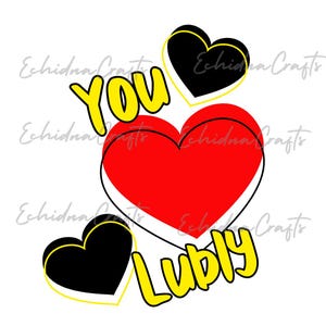 May include: A red heart with a yellow outline and the words "You Lubly" in yellow with black outlines. The words "You" and "Lubly" are in a stylised font. There are two black hearts with yellow outlines above and below the red heart.