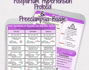 Preeclampsia and Acute Postpartum Hypertension Protocol Badge Buddy | Nurse Quick Reference Card with BP Medications and Management