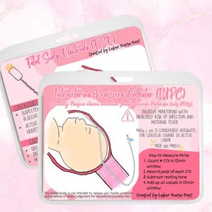 May include: Two pink and white badge buddies with medical illustrations and text. One reads "Fetal Scalp Electrode (FSE)" and the other "Intrauterine Pressure Catheter (IUPC)". The IUPC badge includes instructions on measuring MVUs.