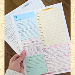 Op de afbeelding: Een stapel gedrukte medische formulieren met titels als "Staff Notes", "Labs" en "Delivery Summary". De formulieren bevatten secties voor patiëntinformatie, medische geschiedenis en notities. De formulieren worden in een hand gehouden.