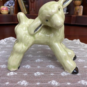 Vintage Green Ceramic Lamb Figurine / Crackle Glaze Baby Sheep / Mid Century Nursery Decor / 5.25” Tall