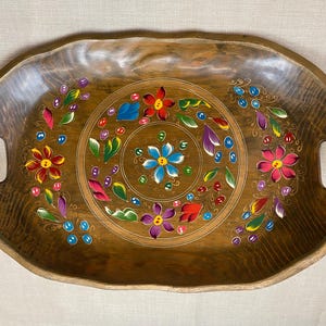 Vintage Hand Painted Wooden Serving Tray / Colorful Folk Art Flowers / 19.5 x 12.5 Rustic Wood Tray with Handles / Mid Century Style