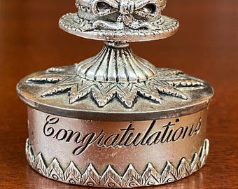 CONGRATULATIONS Trinket Box / Wedding Cake / Keepsake Box / Blue Velvet / Marked MASJ 1998 / Made In Great Britain / Silver Plated / Bow