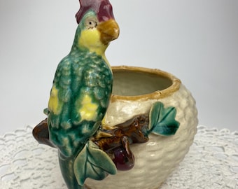 Majolica-Style Parrot Planter / Hand Painted Ceramic Bird on Branch / Mid Century Vase / 8” Tall
