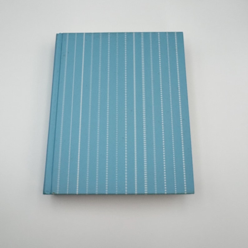 Puede incluir: Un cuaderno rectangular azul claro con l&iacute;neas de puntos blancas verticales. El cuaderno est&aacute; cerrado y tiene una cubierta texturizada. El lomo tambi&eacute;n es azul claro.