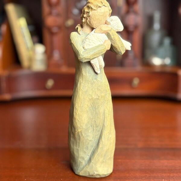 Willow Tree Vintage “Peace on Earth” Sculpture / Girl Holding Lamb Figurine / Susan Lordi Demdaco / Shepherd Angel Figure