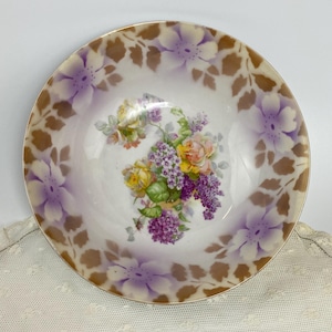 German Porcelain 9” Floral Bowl / Pink  Yellow and White Roses / Purple Flowers / 1920s