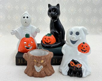Enesco Halloween Ceramic Candle Holders / Ghost Black Cat Jack O Lantern Tree / Vintage Votive Tealight Holders / Spooky Halloween Decor