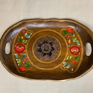 Vintage Hand Painted Wooden Serving Tray / Floral Folk Art Design / Large 19 x 13 Decorative Wood Tray with Handles / Mid Century Style