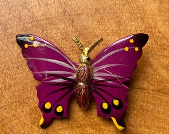 Purple Enamel Butterfly Gold Tone Brooch / Pin / Yellow Dots / Black and White Accents / Black Tips / Bugs and Insects / Nature