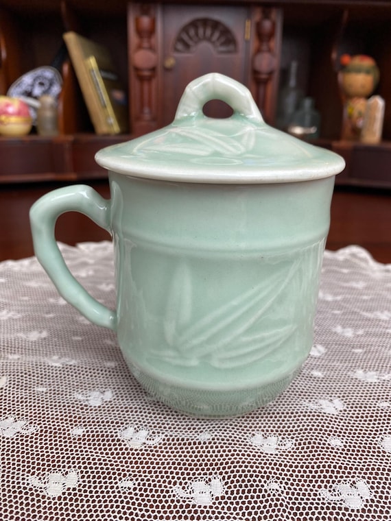 Vintage Celadon Lidded Tea Cup / Bamboo Design / Chinese Marked Mug / Crackle Glaze / Bonus 2nd Mug FREE