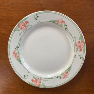 May include: White ceramic plate with a floral design. The plate features a border with pink flowers and green leaves and vines. The plate is round and has a smooth surface.
