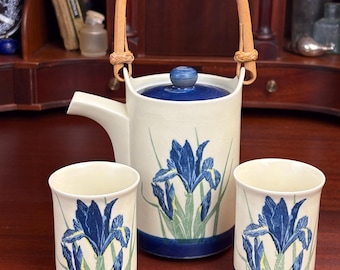 Otagiri Japan Teapot Set / Blue Iris Tea Set with Cups / Bamboo Handle Porcelain Teapot / Japanese Tea Set Vintage / Loose Leaf Teapot
