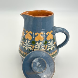 Hand Painted Red Clay Pottery Pitcher with Lid / Vintage Blue Folk Art Ceramic Jug / Rustic Country Kitchen Decor