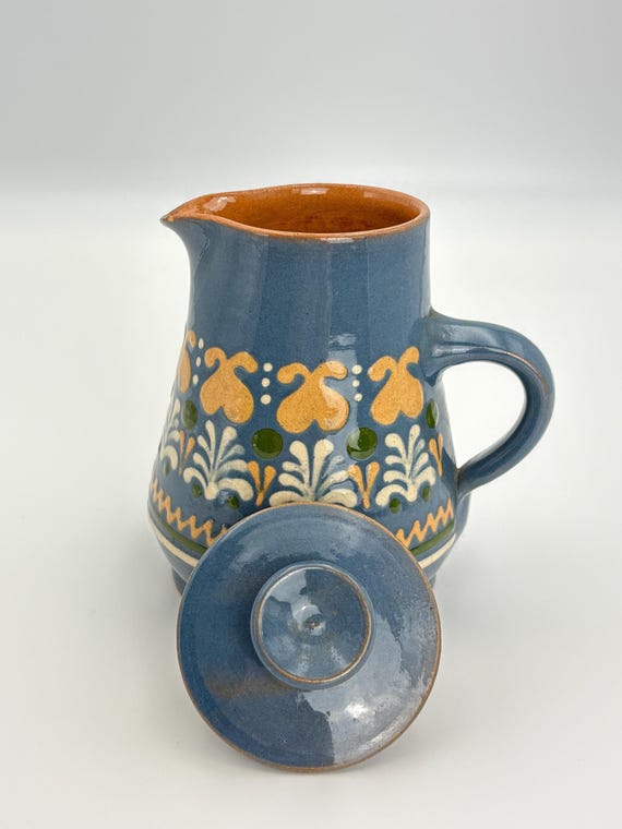 Hand Painted Red Clay Pottery Pitcher with Lid / Vintage Blue Folk Art Ceramic Jug / Rustic Country Kitchen Decor