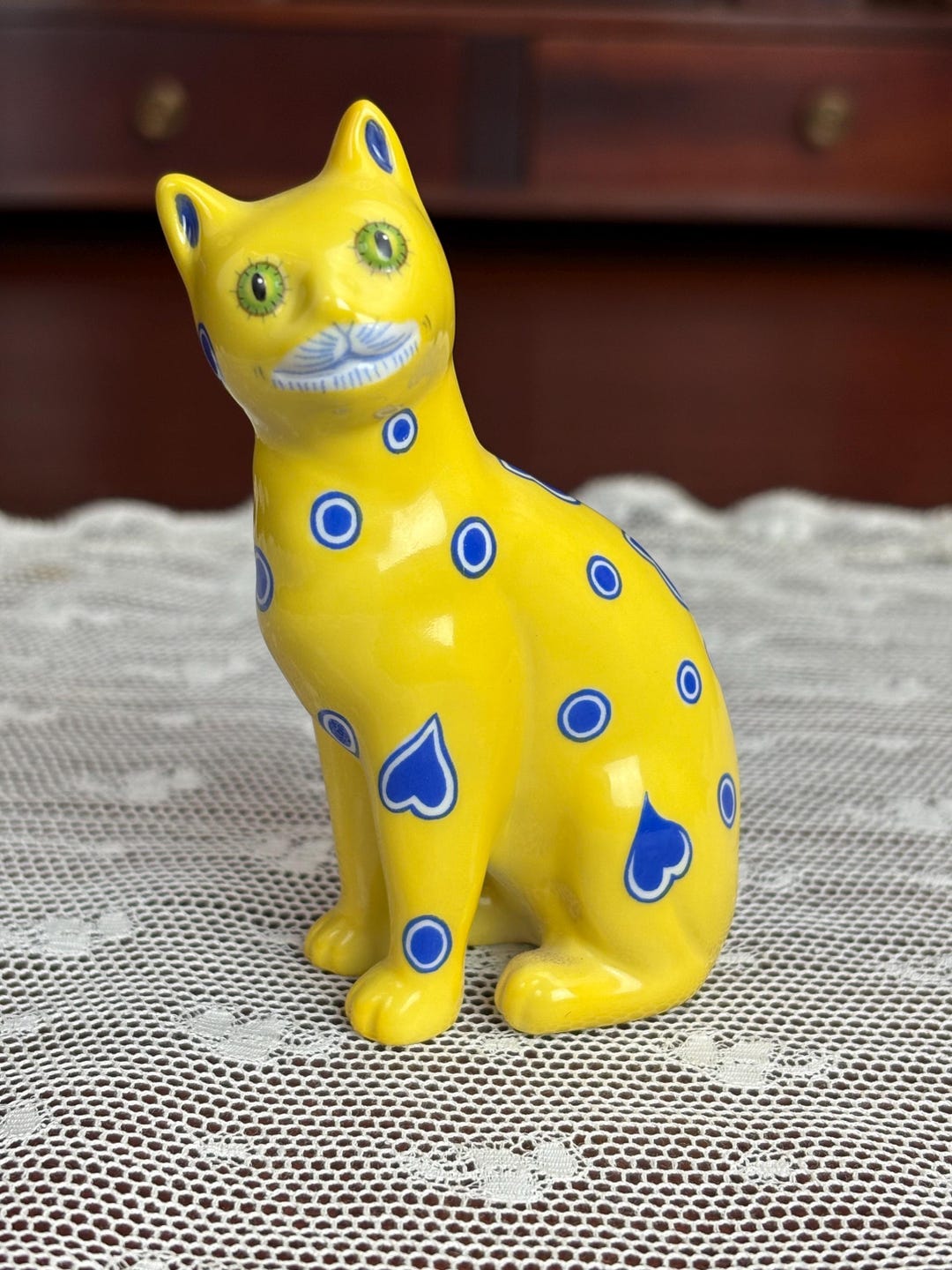 Franklin Mint Curio Cabinet Cat / Galle Style Ceramic Cat / Yellow