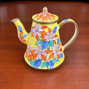 Hand Painted Enamel on Copper Mini Teapot / Cloisonné Style Floral Tea Pot with Lid / Chinese Decorative Copper Teapot / Cottagecore Kitchen