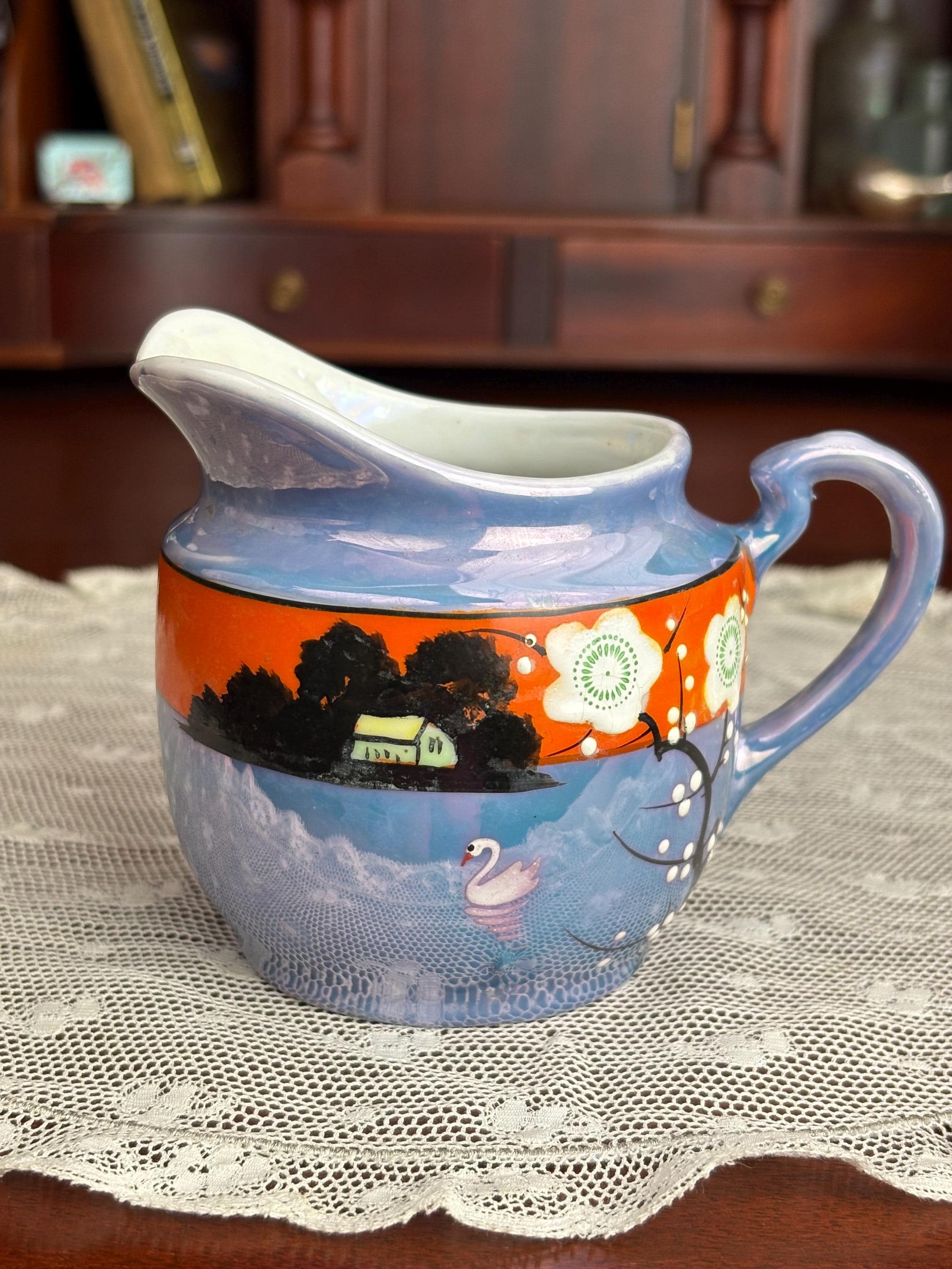 Art Deco Japanese Lusterware Creamer / Blue & Orange Hand Painted