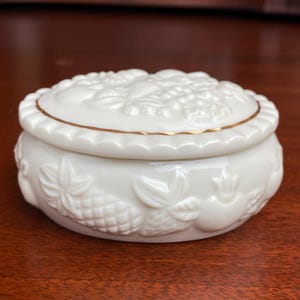Vintage Lenox Porcelain Trinket Box / Raised Fruit / Floral Relief / Gold Trim / Oval Jewelry Dish