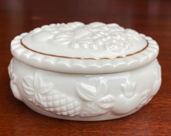 Vintage Lenox Porcelain Trinket Box / Raised Fruit / Floral Relief / Gold Trim / Oval Jewelry Dish