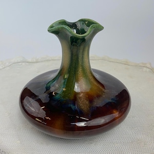 Belgium Thulin Studio Art Deco Drip Glaze Pottery Vase / Mulit-Color Brown Green Teal Blue / Scalloped Edge
