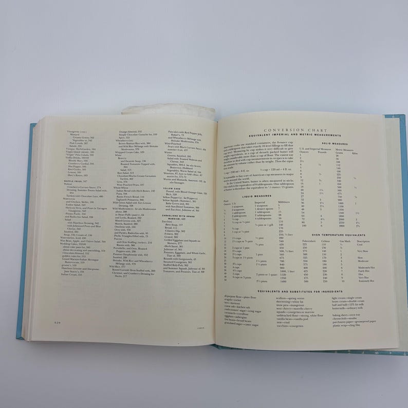 Puede incluir: Un libro de cocina abierto con cubiertas azul claro, que muestra p&aacute;ginas llenas de texto y una tabla de conversi&oacute;n. Las p&aacute;ginas son de color crema y el texto es negro. El libro est&aacute; abierto a una tabla de conversi&oacute;n con medidas.