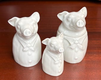 Limoges France Pig Condiment Set / Mustard Pot Salt Pepper / French Porcelain Novelty / Vintage White Shaker Set