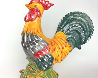 Majolica Style Rooster / Hand Painted Ceramic Figurine / Farmhouse Kitchen Decor / Vintage Pottery